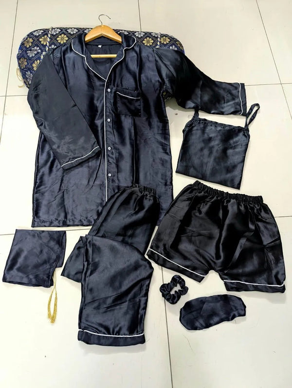 5 Pcs Women's Stitched Silk Plain Night Suit