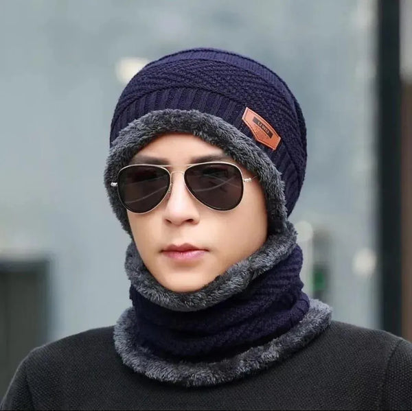 Wool Beanie And Neck Warmer Set - 2 Pcs Textured Design for Unisex